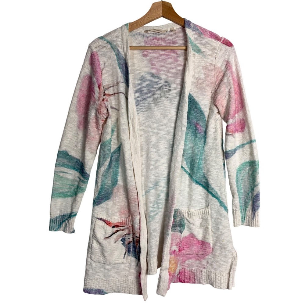 Soft Surroundings Floral Cotton Open Cardigan PXS Pink Teal Watercolor artsy